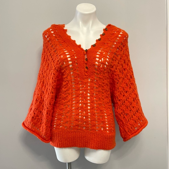 Free People Hooded Open Knit Dolman Sweater Orange Wool Blend Crochet Pullover M - Picture 4 of 16